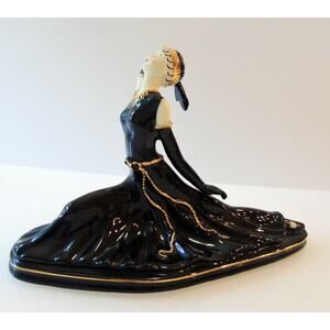 Art Deco LADY DANCER FIGURINE Black Porcelain 24K Gold Accent Split Ballet Pose